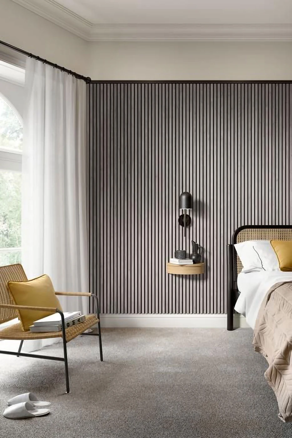 Fluted interior wall panels in a bedroom