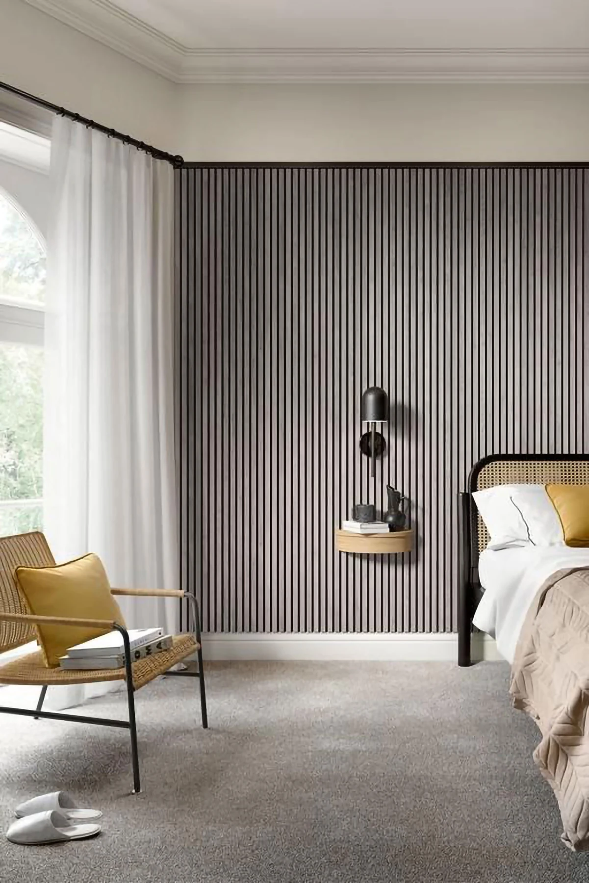 Fluted Japandi wall panels in a warm, contemporary bedroom